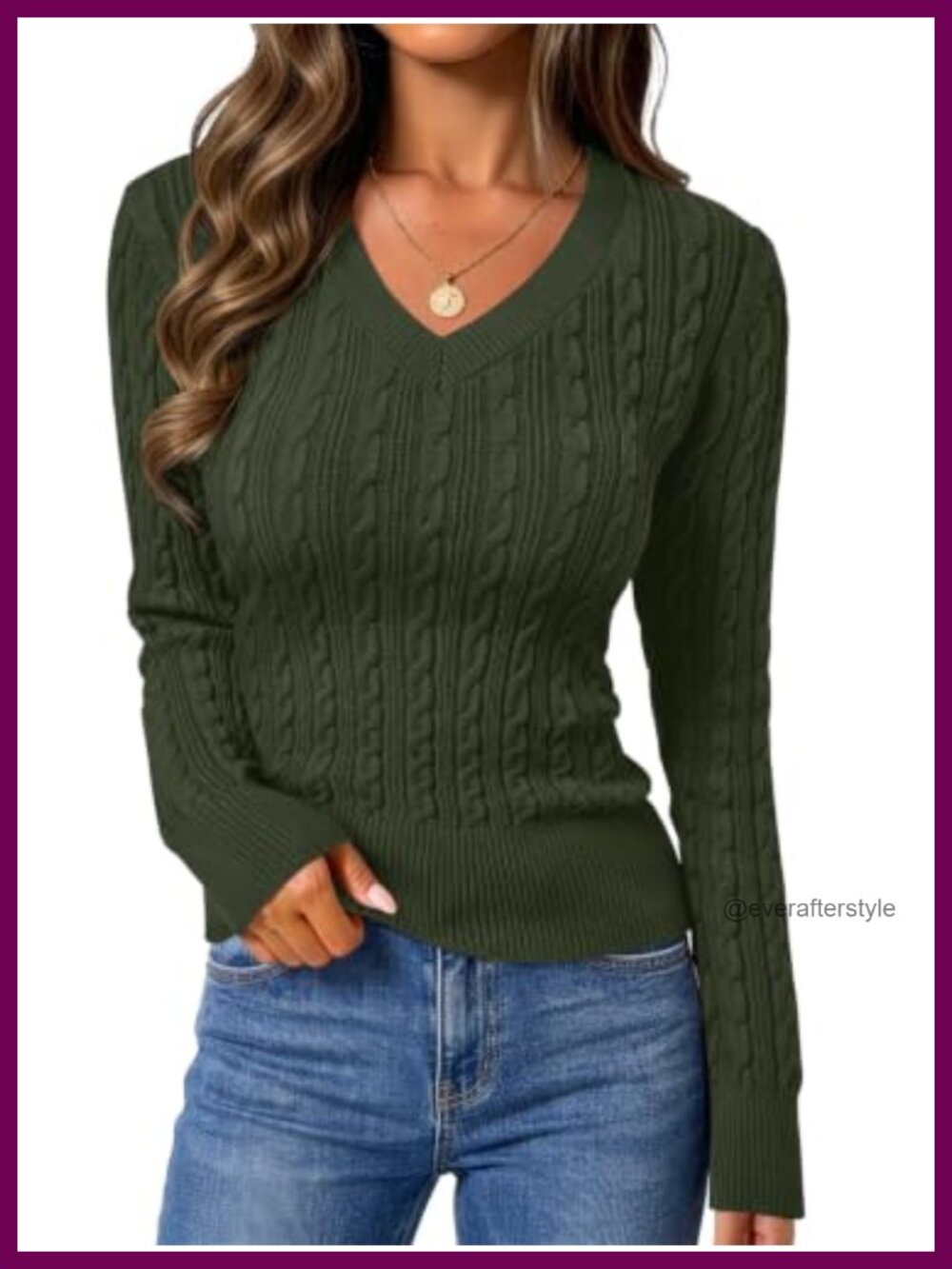 Cable Knit V-Neck Long Sleeve Fitted Pullover Sweater